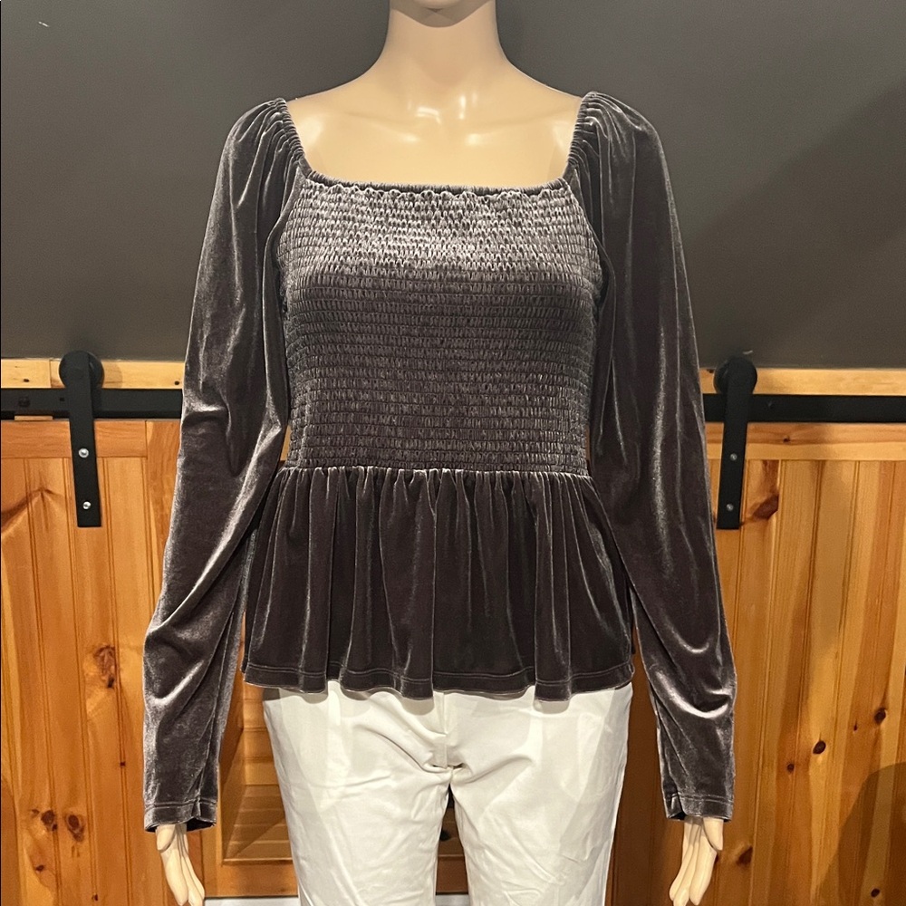 GAP Brown Puff Sleeve Smocked Peplum Blouse Velvet